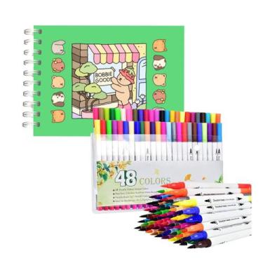 Imagem de Kit Livro De Colorir 120 Canetinhas Ponta Dupla Marcador 50 Páginas Pi