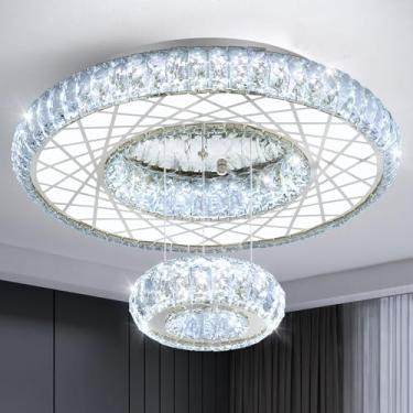 Imagem de Lustres de cristal modernos de 50,8 cm de diâmetro com 2 anéis de luz de teto de montagem embutida LED para sala de estar, sala de jantar, quarto, prata