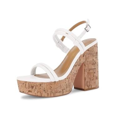 Imagem de Coutgo Sandálias femininas de cortiça, salto aberto, salto alto, plataforma, tira no tornozelo, fivela, verão, Branco, 41