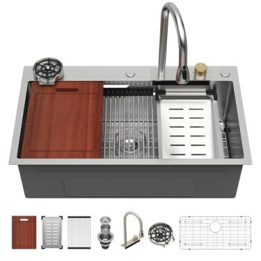 Imagem de Sarlai Waterfall Kitchen Sink Drop In - Estação de trabalho em cascata de 83 cm de aço inoxidável calibre 16 multifuncional tigela única inteligente montagem superior pia de cozinha com torneira combo
