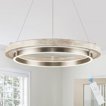 Imagem de Lustre de LED com 2 anéis, luz regulável, lustre de níquel redondo, lustres circulares de madeira envelhecida para sala de jantar, entrada, quarto, escritório, sala de estar