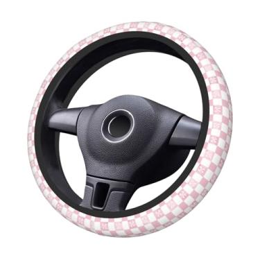 Imagem de Capa de volante rosa xadrez padrão de arco de neoprene elástico, antiderrapante ajuste universal de 35 a 38 cm, acessórios de carro, decoração de interiores, protetor de roda para carros, SUVs