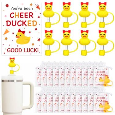 Imagem de LemonRoad Conjunto de 20 presentes de equipe de torcida com etiqueta bolsa de organza a granel 10 mm cobertura de palha de pato líder de torcida Toppers para copo de líder de torcida You've Been Cheer