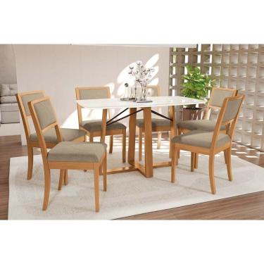 Imagem de Conjunto Sala de Jantar Elma Premium Madeira Maciça c/ Tampo Madeirado c/ Vidro 170x90cm e 6 Cadeiras Alice Carvalho/Off White - Boucle Bege Fendi-Kap