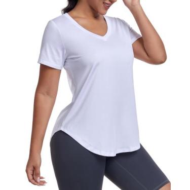 Imagem de Camisa de treino Alovien, manga curta, solta, decote em V, feminina, b