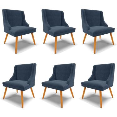 Imagem de Kit 6 Cadeiras Decorativas Sala de Jantar Pés Palito de Madeira Firenze Suede Azul Marinho/Natural G19 - Gran Belo