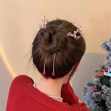 Imagem de Grampo de cabelo de borla longa de Natal elegante único com e acentos, clipe de coque de cabelo de strass, fivela de rabo de cavalo antiderrapante - vermelho