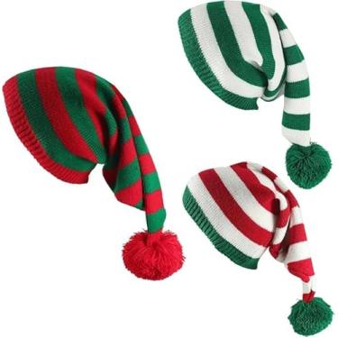 Imagem de Baocool 3 peças de chapéu de Papai Noel, gorro de tricô longo, macio, quente, lavável, com pompons, para Natal, adultos, mulheres, homens, festas festivas de ano novo, uso interno, ao ar livre