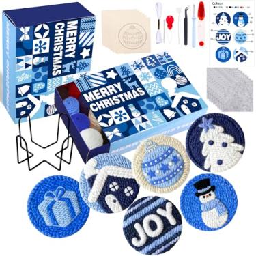 Imagem de Vellibring Kit de 6 peças de porta-copos de agulha de punção de Natal, kit de bordado de boneco de neve azul para iniciantes e adultos, incluindo padrões, ferramentas, fios, aro, instruções, suporte