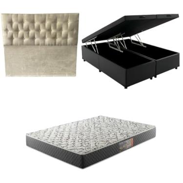 Imagem de Cama Box Baú Bipartida Blindada com Colchão de Espuma D33 20cm + Cabeceira Botonê (CORINO PRETO, Queen)
