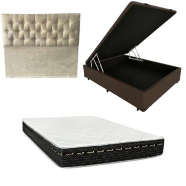 Imagem de Cama Box Baú Blindada com Colchão Eagle Molas Bonnel 22cm + Cabeceira Botonê (CORINO MARROM, Casal)
