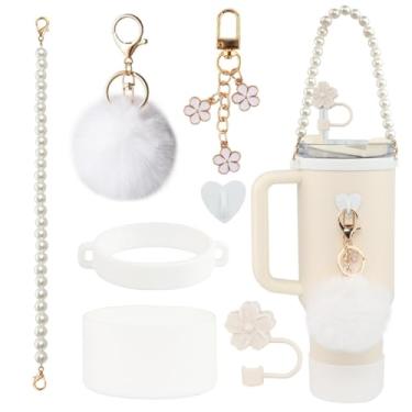 Imagem de Conjunto de acessórios para copo Stanley branco com 7 peças – alça de alça de garrafa de água, tampa de cobertura de palha de flor de silicone, bota Stanley de silicone, pingentes para chaveiro,