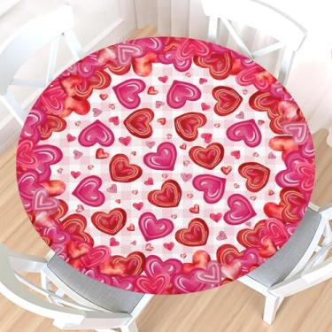 Imagem de Toalha de mesa redonda Valenitine's Day com borda elástica, resistente à água, vermelho, rosa, coração, búfalo, xadrez, para mesas encontradas de 101 a 111 cm, toalha de mesa rústica romântica para