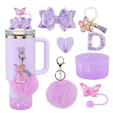 Imagem de Conjunto de 6 peças de acessórios de copo Stanley roxo - tampa de cobertura de palha de borboleta, laço brilhante para canudo, bota de silicone brilhante, pingente de letra e pompom para copos satnley