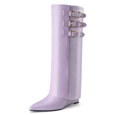 Imagem de Perisis Botas femininas dobráveis cano alto tubarão salto cunha fivelas de couro bico fino puxar botas longas, PU roxo claro, 37