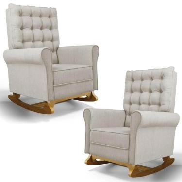 Imagem de Kit 02 Poltronas De Amamentação E Descanso Base Madeira Balanço Brenda G05 Linho Bege - Mpozenato