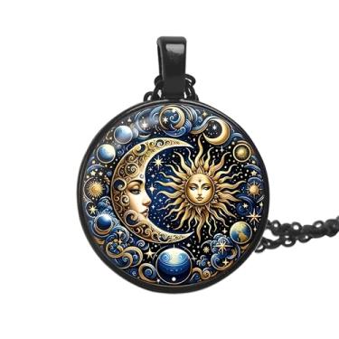 Imagem de Colar com pingente de sol e lua celestial, design de galáxia mística, preto e dourado, corrente de 45 cm com extensão de 5 cm, medalhão redondo de 2,5 cm, Adjustable, Aço inoxidável, Zircônia cúbica