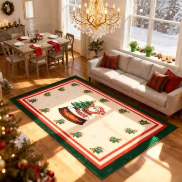 Imagem de Tapete de Natal com Papai Noel, 6 x 0,9 m, vermelho, verde, antiderrapante, para ambientes internos e externos, para entrada, sala de estar, decoração de férias