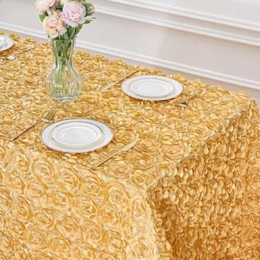 Imagem de B-COOL Toalha de mesa de casamento roseta dourada clara 232 x 332 cm 3D floral retangular toalha de mesa de aniversário para decoração de mesa de festa romântica ao ar livre