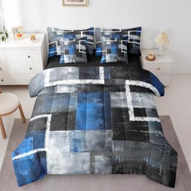 Imagem de Erosebridal Conjunto de cama solteiro geométrico com pintura a óleo, 7 peças, para adolescentes e adultos, azul, preto, cinza, conjunto de cama com lençol de arte abstrata moderna em uma bolsa