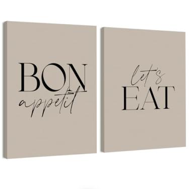 Imagem de STHTTSW Decoração de parede de cozinha, decoração de parede de sala de jantar, conjunto de 2 impressões de arte em tela de cozinha marrom, placa Bon Appetit Lets Eat, para casa, sala de jantar, sala