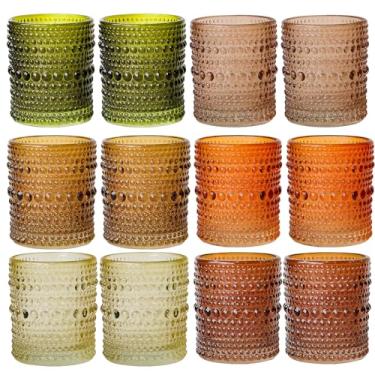 Imagem de WDHODEC Conjunto de 12 castiçais de vidro Tealight - Suportes votivos Hobnail vintage marrom verde para outono, inverno, casamento de mesa de Natal, decoração de centro de mesa