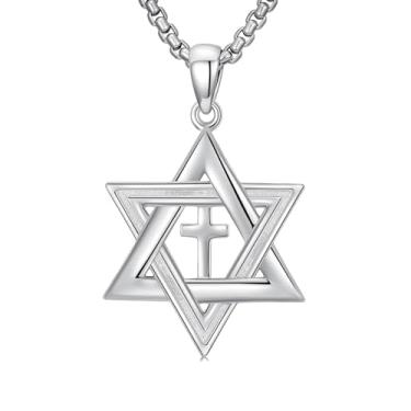 Imagem de Lattd Colar com cruz de estrela de Davi, prata esterlina 925, colar com pingente de estrela judaica para homens e mulheres, com corrente de aço inoxidável 56 cm + 5 cm