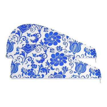 Imagem de SEHANY Bohemia Toalha de cabelo de microfibra flor azul para mulheres 2 peças turbantes de cabelo de secagem rápida com botão, touca de cabelo seco absorvente toalha de secagem de cabelo para cabelos