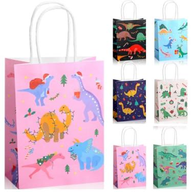 Imagem de Epakh 24 sacos de presente de dinossauro para sacos de papel de doces de dinossauro de Natal com alça pacote de guloseimas para lembrancinhas de festa de Natal, decorações de aniversário, suprimentos