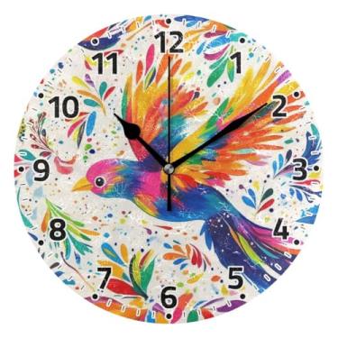 Imagem de WELLDAY Relógio de parede sem tique-taque 25 cm - pássaro floral mexicano operado por bateria relógio redondo silencioso para casa/escritório/cozinha/sala de aula