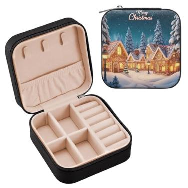 Imagem de Wassud Caixa de joias de viagem de Natal para mulheres, meninas, senhoras, noiva, mini organizador de joias de couro PU, caixa quadrada de armazenamento de joias para brincos, anéis, colar, pulseiras