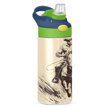 Imagem de CEBUGI Garrafas de água de equitação cowboy à prova de vazamento infantil com canudo Garrafa de água isolada a vácuo de aço inoxidável para meninos e meninas