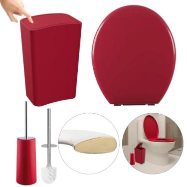 Imagem de Assento Sanitário Oval Almofadado Vermelho + Lixeira Vermelha 8L Tampa Click + Escova Sanitária Base Vermelha