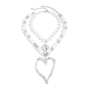 Imagem de Colar grande de coração grosso Y2k com pingente de coração vazado, gargantilha com contas de pérolas, clipe de papel, colar empilhado para mulheres, moda em camadas, one size, Zinco, Sem Pedra