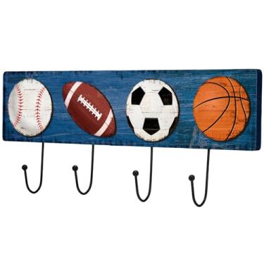 Imagem de Fiwochic Cabide esportivo de madeira com 4 ganchos vintage basquete beisebol futebol futebol montado na parede, decoração tema esportivo para casa, entrada, sala de jogos, chapéus, chaves, toalhas