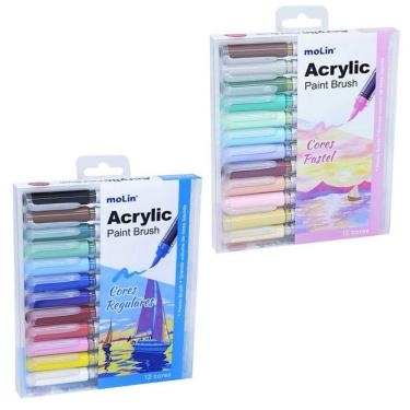 Imagem de Kit 2 Estojos Marcador Artístico Acrylic Paint Brush 12 Cores Básicas + 12 Pastel Molin