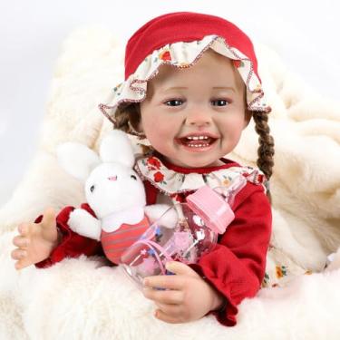 Imagem de Boneca Bebê Reborn Menina Realista Pintado Corpo de Silicone Roupas Vermelhas Cabelo Implantado Loiro Presentes para Meninas 55cm