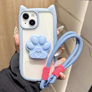 Imagem de Capa transparente com cordão fofo de orelha de gato 3D para iPhone 11 12 13 14 15 16 Pro Max XR XS X 14 Plus, pulseira, capa azul para iPhone 15 Pro