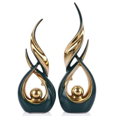 Imagem de 2 peças de estátuas de cerâmica em ouro verde para detalhes de decoração de casa, esculturas de arte abstrata moderna, objetos decorativos de mesa elegantes para sala de jantar, entrada, suporte de TV