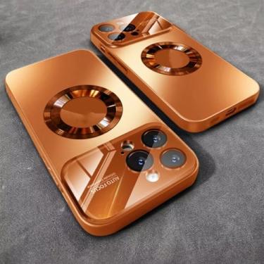 Imagem de HTVJFXCapa de luxo em vidro para iPhone 16 Pro com câmera, carregamento sem fio magnético e proteção contra impactos (Para iPhone 16 Pro/Laranja)