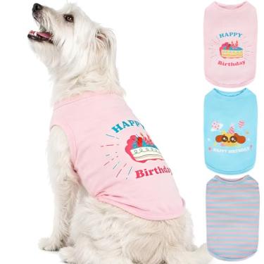 Imagem de Pacote com 3 camisetas para cães com estampa para aniversário, regatas sem mangas para movimento livre, macia, respirável para todas as estações, camiseta engraçada para festa de aniversário (rosa e