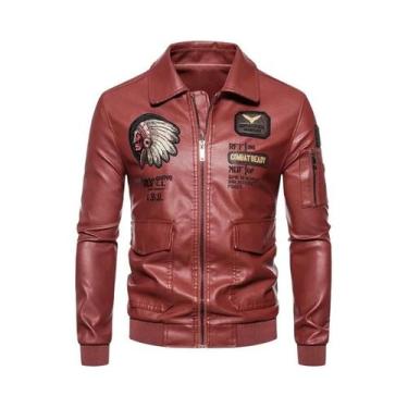 Imagem de Jaqueta Masculina De Couro Genuíno Bordada Outono Inverno Com Gola De 