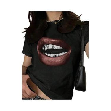 Imagem de Camiseta Feminina De Verão Estampada Com Lábios, Manga Curta, Gola Red