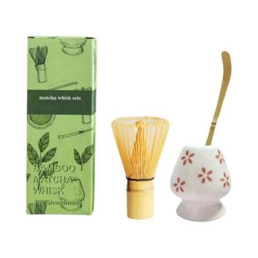 Imagem de Conjunto De Matcha Em Bambu 3 Peças Batedor De Cerâmica Colher De Chá 