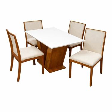 Imagem de Mesa de Jantar Classic 120x80cm com Vidro e 4 Cadeiras Lara em Linho Madeira Cel Móveis Cor Cinamomo Off White com Tecido Bege