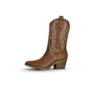 Imagem de Bota Texana Cano Curto Caramelo Salto 6 Bordado Country Cor:CarameloTa