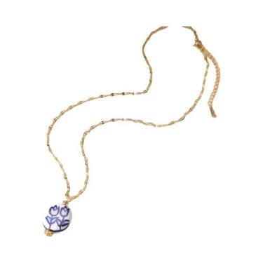 Imagem de Colar Feminino Vintage Com Pingente De Coração De Cerâmica Azul E Corr