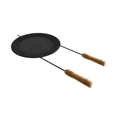 Imagem de Disco Para Churrasco Esmaltado Cabo Espeto Com Alça De Madeira 43 Cm -