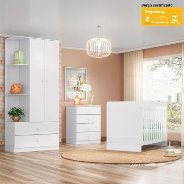 Imagem de Conjunto Infantil Labirinto com Guarda Roupa Cômoda e Berço MDP-MDF 4 Gavetas Branco Móveis Henn