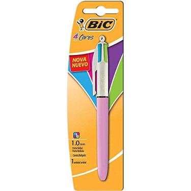 Imagem de Caneta Bic 4 Cores – Ponta Esferográfica Retrátil Média de 1.0mm – Corpo Rosa, Pacote com 1 Unidade – Cores Fashion: Azul Claro, Verde Claro, Rosa e Roxo
